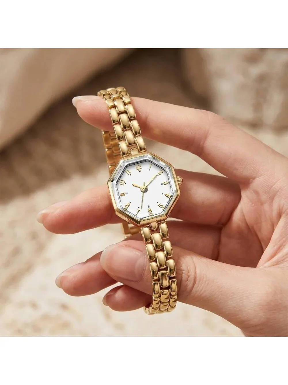 Women’s Gold White Octagonal Small Face Bracelet Quartz Movement Wrist Watch